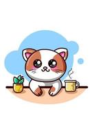 en glad katt med kaffe och prydnadsväxter kawaii tecknad vektor