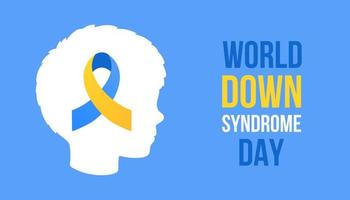 Welt Nieder Syndrom Tag horizontal Poster. Blau, Gelb Band, Weiß Kopf, Blau Hintergrund. Bewusstsein Schleife. vektor