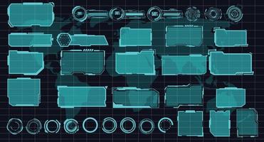 digital gränssnitt hud element uppsättning packa. användare gränssnitt, ram skärmar. länktexter titlar, fui cirkel uppsättning, läser in barer. instrumentbräda verklighet teknologi skärm. vektor