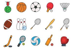 Sport einstellen Symbol Illustration. geradlinig Farbe Symbol Stil, zwei Ton. Fußball, Basketball, Volleyball, Tabelle Tennis, amerikanisch Fußball, Bowling, Tennis, Baseball und Andere. einfach Vektor Design editierbar