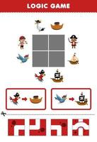 Bildung Spiel zum Kinder Logik Puzzle bauen das Straße zum süß Vogel Bewegung zu richtig Schiff druckbar Pirat Arbeitsblatt vektor