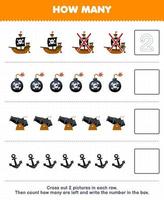 utbildning spel för barn räkna på vilket sätt många söt tecknad serie fartyg bomba kanon ankare och skriva de siffra i de låda tryckbar pirat kalkylblad vektor