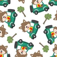 nahtlos Muster von süß wenig Tier Fahren ein Auto gehen zu Wald komisch Tier karikatur, vektor Illustration. Vektor Illustration. T-Shirt Design zum Kinder. Design Elemente zum Kinder.