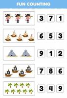 Bildung Spiel zum Kinder Spaß Zählen und wählen das richtig Nummer von süß Karikatur Junge Schiff Höhle Baum druckbar Pirat Arbeitsblatt vektor