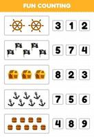 utbildning spel för barn roligt räkning och välja de korrekt siffra av söt tecknad serie hjul flagga bröst ankare tunna tryckbar pirat kalkylblad vektor