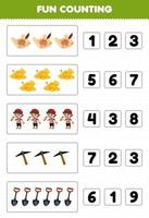 Bildung Spiel zum Kinder Spaß Zählen und wählen das richtig Nummer von süß Karikatur Schatz Karte Gold Junge Spitzhacke Schaufel druckbar Pirat Arbeitsblatt