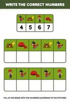 Bildung Spiel zum Kinder schreiben das richtig Zahlen im das Box gemäß zu das süß Papagei Hut Mann Bandana auf das Tabelle druckbar Pirat Arbeitsblatt vektor