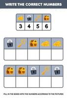 utbildning spel för barn skriva de rätt tal i de låda enligt till de söt skatt bröst hänglås nyckel på de tabell tryckbar pirat kalkylblad vektor