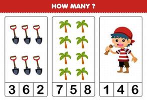 Bildung Spiel zum Kinder Zählen Wie viele süß Karikatur Schaufel Baum und Junge druckbar Pirat Arbeitsblatt