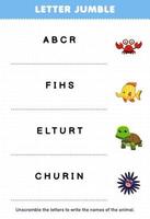 Bildung Spiel zum Kinder Brief Durcheinander schreiben das richtig Name zum süß Karikatur Krabbe Fisch Schildkröte Bengel druckbar Tier Arbeitsblatt vektor