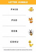 Bildung Spiel zum Kinder Brief Durcheinander schreiben das richtig Name zum süß Karikatur Fisch Fuchs Biene Ente druckbar Tier Arbeitsblatt vektor