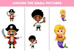 utbildning spel för barn välja de små bild av söt tecknad serie man pojke och sjöjungfru tryckbar pirat kalkylblad vektor
