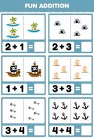 utbildning spel för barn roligt tillägg förbi räkning och belopp av söt tecknad serie ö grotta fartyg flotte fisk ben ankare tryckbar pirat kalkylblad vektor