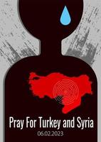 Truthahn und Syrien Erdbeben Poster mit Weinen Mensch Silhouette. Vektor Illustration von das Karte von Truthahn und Syrien mit Epizentrum von das Erdbeben.