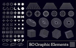 Sammlung von 80 Vektor y2k retro Elemente, Embleme, Symbole, Symbole und geometrisch Formen im Drahtmodell Sicht.