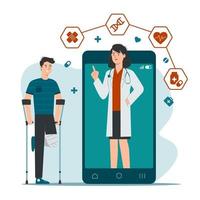 online medizinisch Beratung Bedienung mit geduldig und weiblich Arzt auf Smartphone Bildschirm Illustration. Telemedizin Konzept vektor