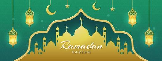 Ramadan kareem islamisch Hintergrund mit hängend Laternen und golden Moschee Illustration vektor