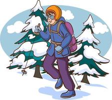 manlig karaktär är vandring ensam i vinter. man värma kläder är vandring utomhus med bergen på de bakgrund. glad man är klättrande upp de berg. platt tecknad serie vektor illustration