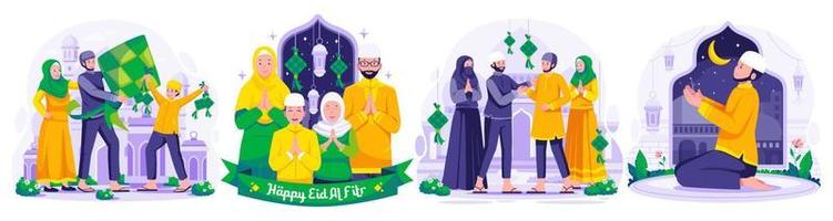Illustration einstellen von Ramadan Konzept mit Muslim Menschen Gruß und feiern Ramadan kareem und eid Mubarak. Gruß jeder andere und Entschuldigung. Mann beten auf Nacht von Ramadan vektor