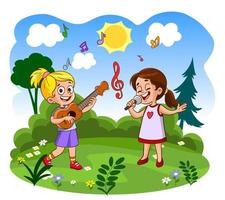 Lycklig söt unge flicka sjunga med le.barn sång i natur på en glad dag vektor illustration