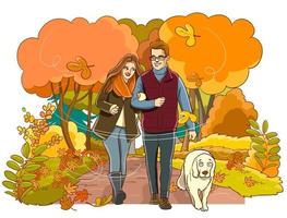 familj och hund gående lyckligt i de skog i höst.vektor illustration vektor