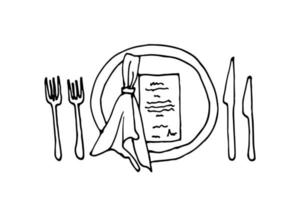 tabell miljö för ett person - två gafflar, två knivar, en ringa med en servett inuti och ett inbjudan på en tallrik - hand dragen klotter. en plats för en gäst på de tabell med ett inbjudan vektor skiss