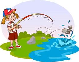 flicka unge fiske i de flod vektor illustration