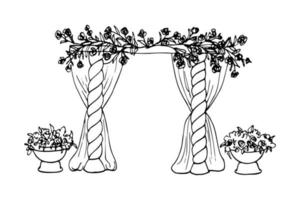 rektangulär båge med instansad utbuktning kolumner, dekorerad med grenar med blommor runt om de kanter små trädgård vaser med blommor - hand dragen klotter. bröllop båge dekorerad med blommor vektor