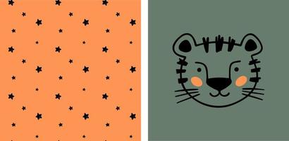 Hand gezeichnet Tiger mit Sterne zum Entwerfen Baby Kleidung. Vektor Illustration im Gekritzel Stil auf Grün und Orange Hintergrund. Postkarte mit Tiger und nahtlos Muster. Karikatur Bohemien Kindergarten drucken.