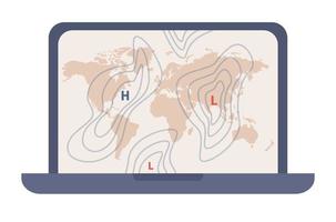 meteorologi vetenskap ikon. värld meteorologiska dag. värld väder Karta på bärbar dator skärm. väder och klimat skick. vektor platt illustration