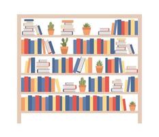 Bücherregal mit Bücher und eingetopft Pflanzen. Buch Regal mit farbig Buch Stacheln. Buch speichern. Bibliothek Konzept. Vektor eben Illustration