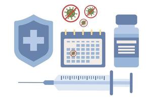 Impfung gegen Coronavirus Symbol Satz. Gesundheit Pflege und Schutz. covid Impfstoff Schuss. Spritze, Impfstoff Phiole, Virus Keime, Kalender. Vektor eben Illustration