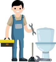 rörmokare reparationer toalett skål. eliminering av blockering. tecknad serie platt illustration. arbetstagare med rycka, verktygslåda, kolven. renovering i badrum vektor