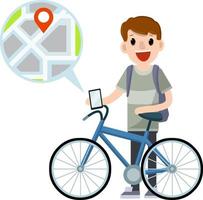 Fahrrad mit Kerl mit Rucksack. gesund Lebensstil. Karikatur eben Illustration. städtisch Transport. Hobby und Sport. Stadt Karte und Navigation. modern Technologie. jung Junge vektor