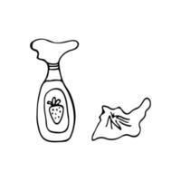 Gekritzel Stil gezeichnet Reinigung sprühen Flasche und ein Reinigung Tuch. Vektor Abbildung.