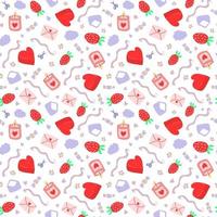 sömlös mönster för hjärtans dag, vår, sommar, firande. hjärta, jordgubbe, kuvert, band, sax, godis, moln, blommor, ljus. hand dragen vektor illustration.