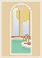Schwimmen Schwimmbad und Bögen Innere Illustration Poster. Aussicht durch Fenster eben Design, modern Haus, Sonnenuntergang und Sonnenaufgang. retro und klassisch Konstruktion. Karikatur Vektor