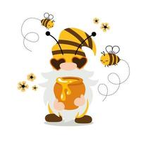 söt gnome med en pott av honung och bin. vektor illustration isolerat på vit bakgrund.
