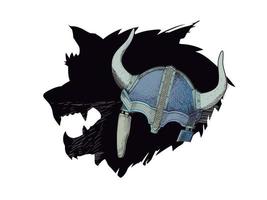 Vektor Illustration von ein Wikinger Helm auf das Silhouette von das Kopf von ein brüllend Wolf