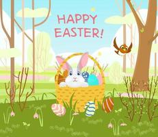 glücklich Ostern Postkarte mit süß Hase im ein Korbweide Korb mit Ostern Eier und Weide Geäst, Frühling Landschaft beim das Hintergrund. Karikatur Vektor Illustration.