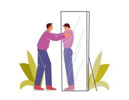 selbst Pflege und Annahme Konzept Vektor Illustration. Mann unterstützen sich selbst, umarmen seine Betrachtung im das Spiegel.