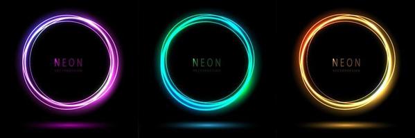 Gradient Neon- Kreis rahmen. Sammlung von runden glühend Neon- Beleuchtung auf dunkel Hintergrund mit Kopieren Raum. Grafik Element zum Sozial Medien Geschichten. Vektor Design.
