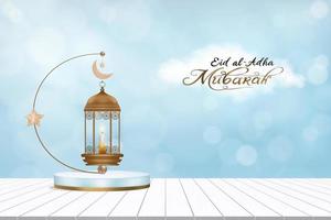 eid al adha Mubarak Karte, traditionell islamisch Laterne, Halbmond Mond, 3d Podium auf Holz Tabelle Über Blau Himmel hintergrund.vektor Religion von Muslim symbolisch zum eid al fitr, Ramadan kareem, eid Mubarak vektor