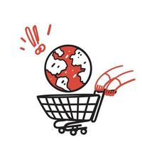 Hand gezeichnet Gekritzel Globus im Einkaufen Wagen Illustration Vektor