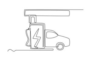 kontinuierlich eine Linie Zeichnung elektrisch Auto und Laden Bahnhof. elektrisch Auto Konzept Single Linie zeichnet Design Grafik Vektor Illustration