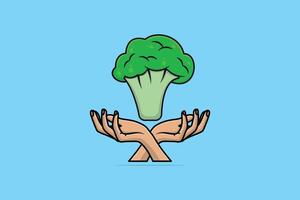 färsk broccoli med människor händer vektor illustration. mat natur ikon begrepp. trädgård färsk vegetabiliska mat broccoli och händer vektor design. gren av broccoli kål med hand ikon logotyp.