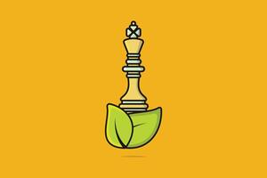 pantsätta schack med grön löv vektor illustration. sport styrelse spel objekt ikon begrepp. grön blad och schack ikon logotyp.