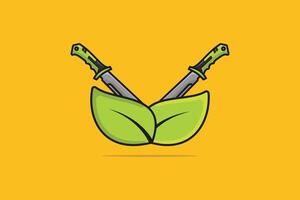 metall svärd i korsa tecken med ört- grön löv vektor illustration. Semester objekt ikon begrepp. svärd blad natur miljö logotyp ikon. metall svärd för spel vektor design.