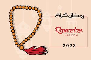 hand innehav kransen av pärlor och ramadan kareem kalligrafi vektor bakgrund illustration. islamic Semester ikon begrepp. ramadan kareem lykta lampa i bakgrund ikon design.