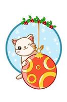 en söt katt på julkulan med järnekblad vektor